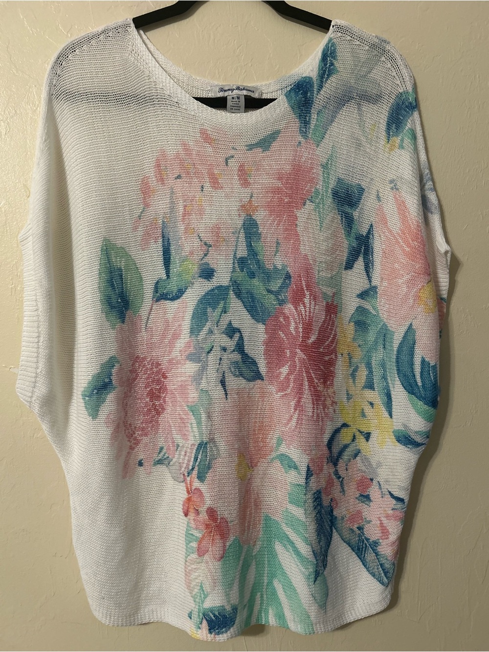 Tommy Bahama White Knit Top with Pink and Blue Floral Print